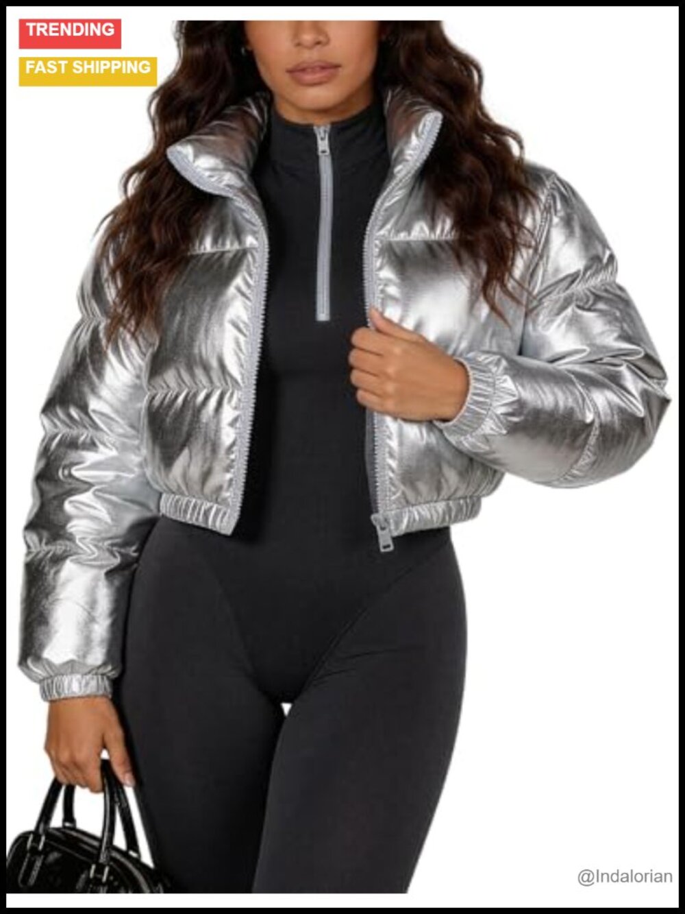 Women's Y2K Shiny Cropped Puffer Jacket Zip Up Quilted Winter Coat